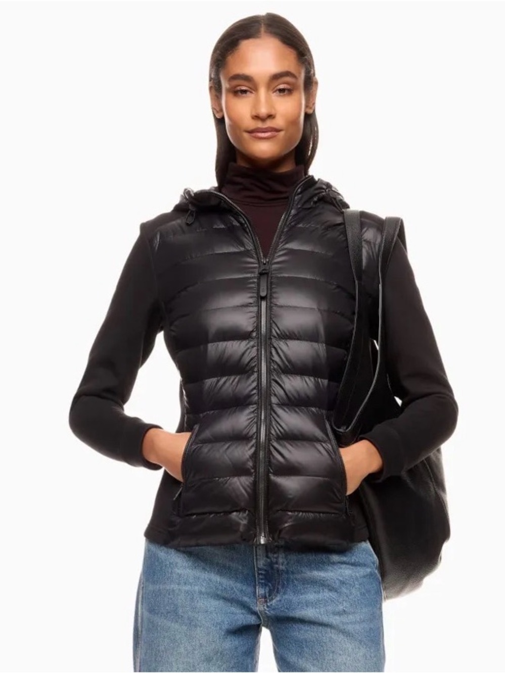 Mackage Women’s Della Hooded Mixed Media Jacket Puffer Hybrid Hooded Jacket Sz L - Picture 2 of 16